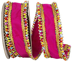 Ribbon - Beaded Candy Edge Deluxe Wired Edge, Fuchsia, 2-1/2 Inch, 5 Yards