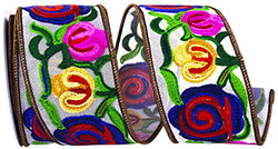 Ribbon - Floral Embroidery Stitches Wired Edge, Multi, 2-1/2 Inch, 5 Yards
