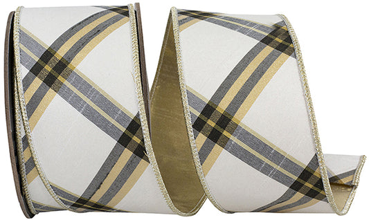 Ivory, Black and Gold Plaid Diagonal Dupioni
