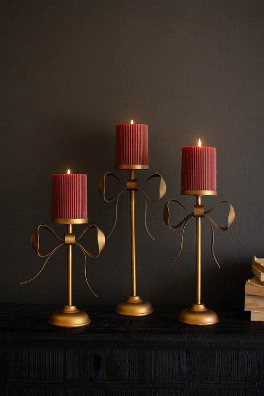 Antique Brass Pillar Candlesticks with Bow