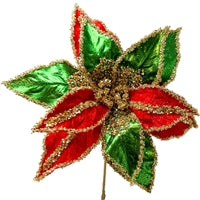 Metallic Velvet Poinsettia Stem - Red/Green