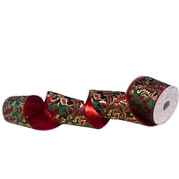 Glitter Print Leaf Pattern On Dark Green Velvet Ribbon