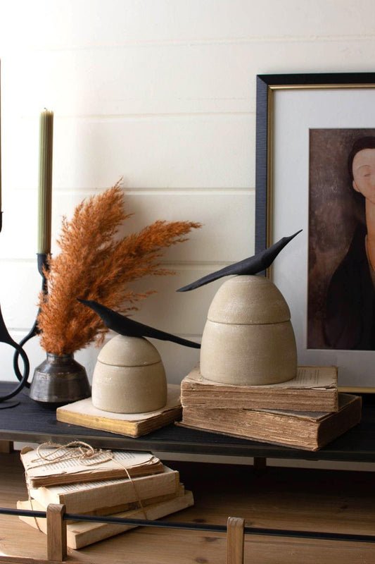 Clay Canisters with Wooden Bird Handles