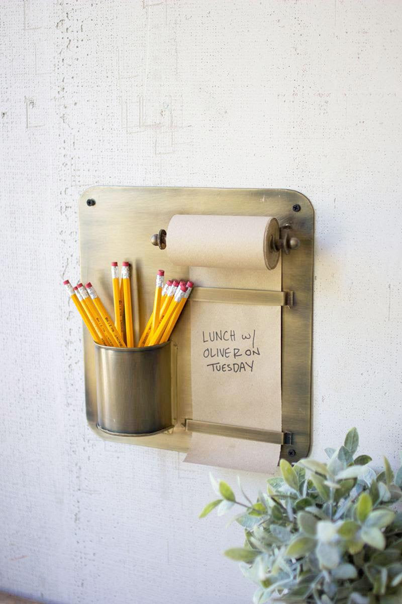 Antique Brass Hanging Note Roll and Pen Cup