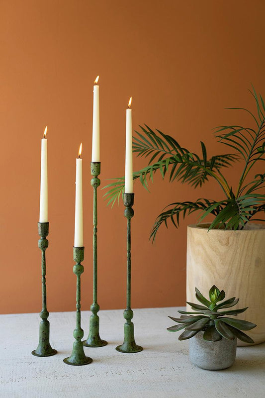 Set of 4 Green Patina Iron Taper Candle Holders