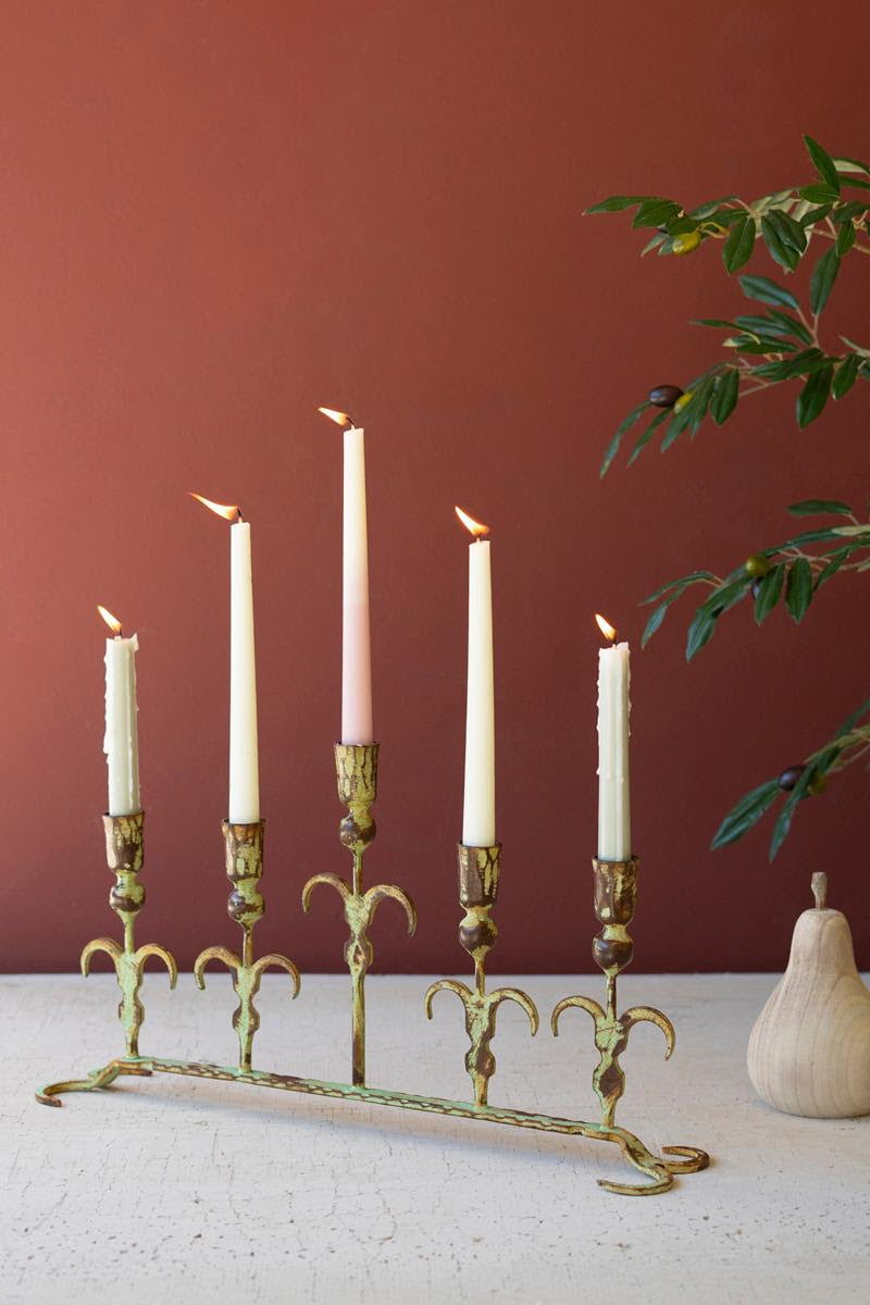 Green Patina Five Taper Forged Candelabra