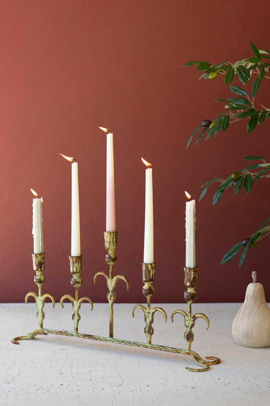 Green Patina Five Taper Forged Candelabra