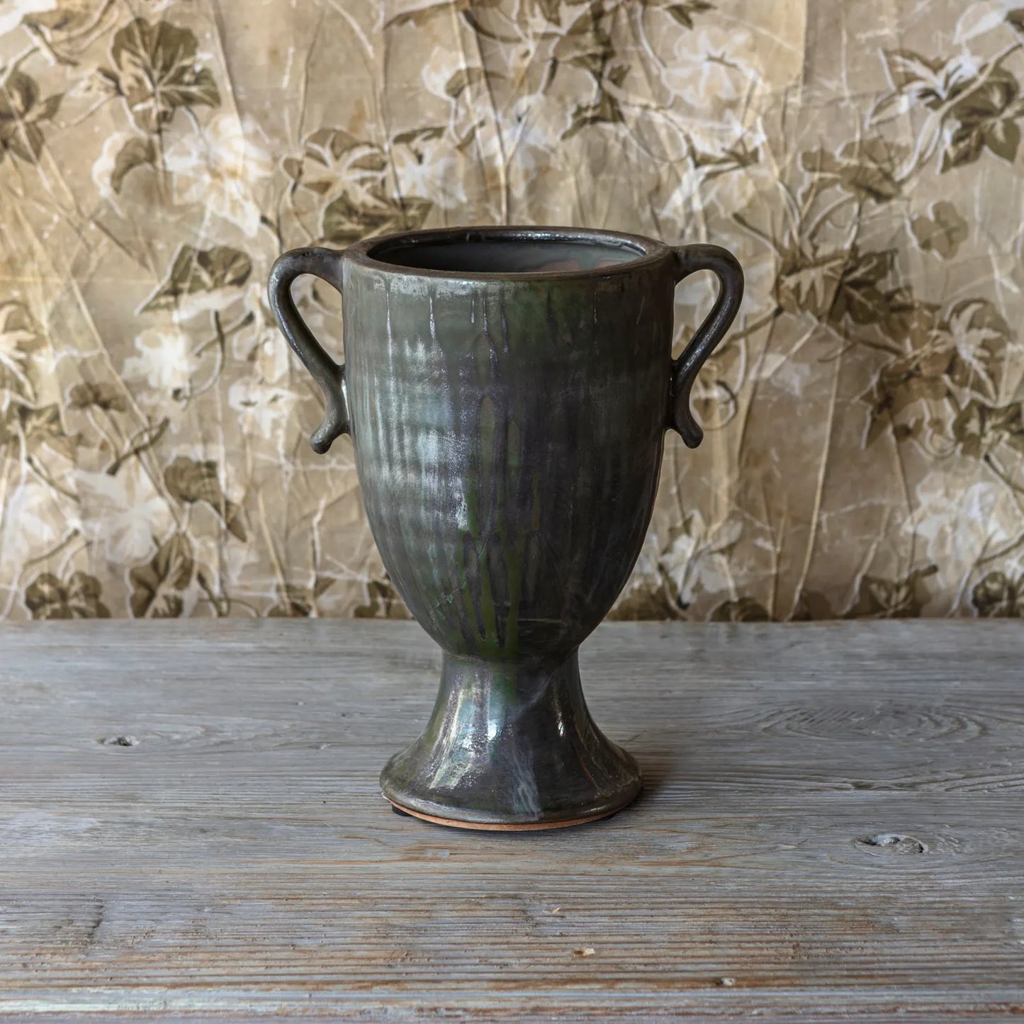 Aged Olive Dripped Glaze Pottery Trophy Vase