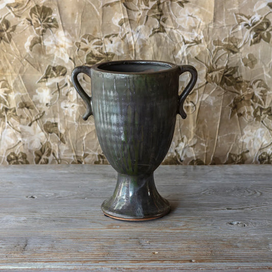 Aged Olive Dripped Glaze Pottery Trophy Vase
