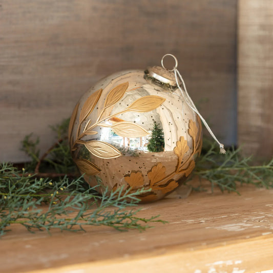 Round Antique Mercury Glass and Botanical Gold Etched 6" Ornament