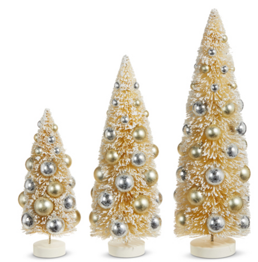 Snowy Bottle Brush Trees with Ornaments