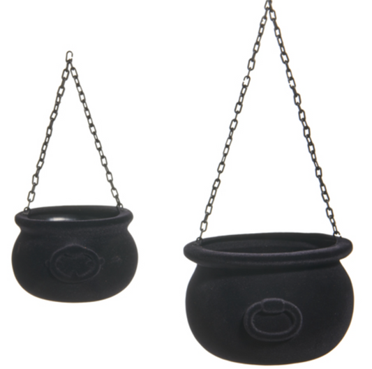 Black Flocked Cauldrons with Trick or Treat Bows