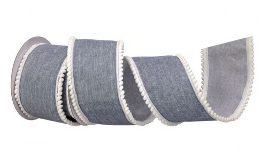 4" X5YD CHAMBRAY POMPOM RIBBON 1