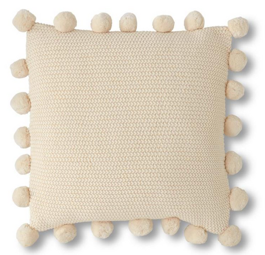 Cream Moss Stitch Knit Pillow w/Pompom Trim
