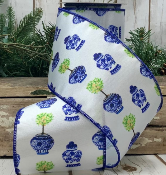 Grosgrain printed urns, white 4”x 10 yds