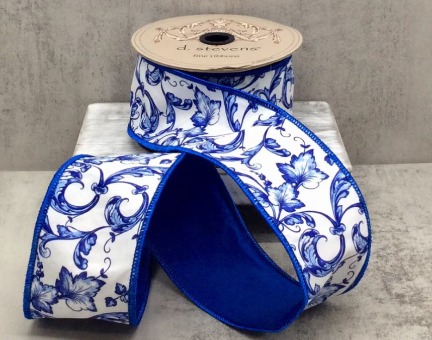Taffeta acanthus scroll chinoiserie, blue white 2.5“ x 10yds