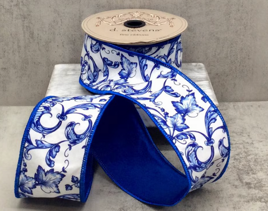 Taffeta acanthus scroll chinoiserie, blue white 2.5“ x 10yds