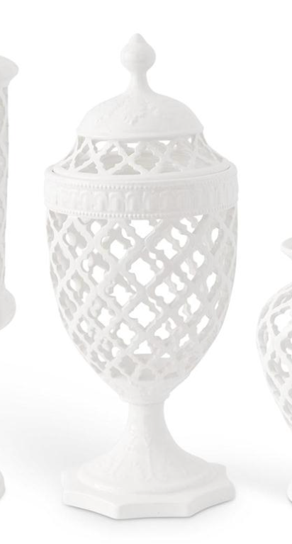 White Ceramic Filigree jar on pedastal