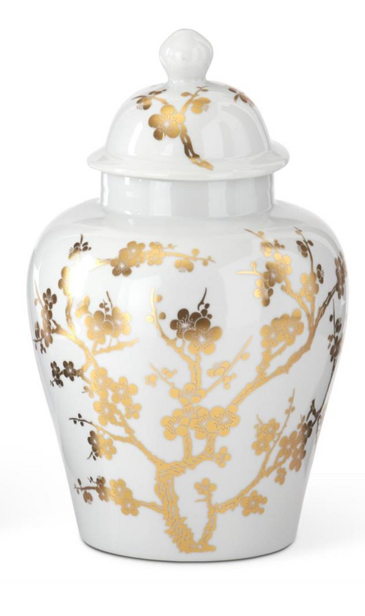 Small White & Gold Chinoiserie Vases with Lid