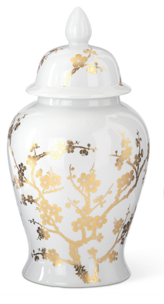 Large White & Gold Chinoiserie Vases with Lid