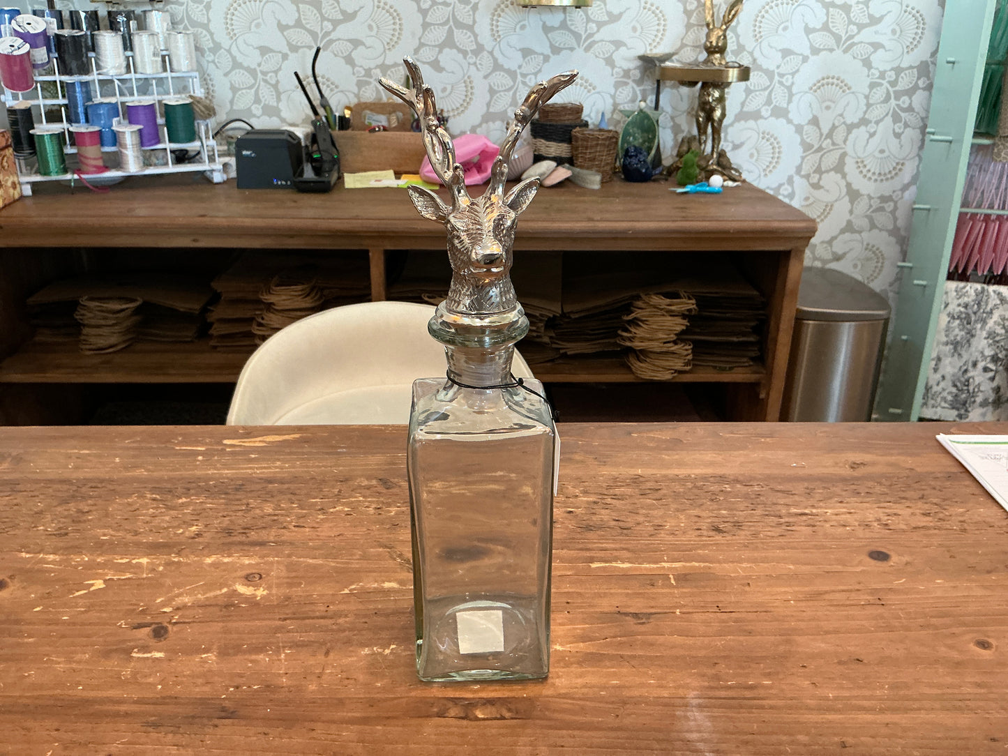 Square Glass Decanter w/Silver Deer Bust 13.75 Inch