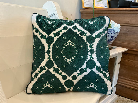 Green Velvet & Linen Embroidered Pillow w/C
