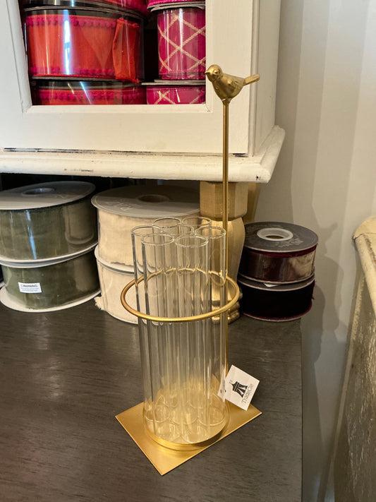 4.5x11"" Test Tube Vase x7 Gold Metal Bird