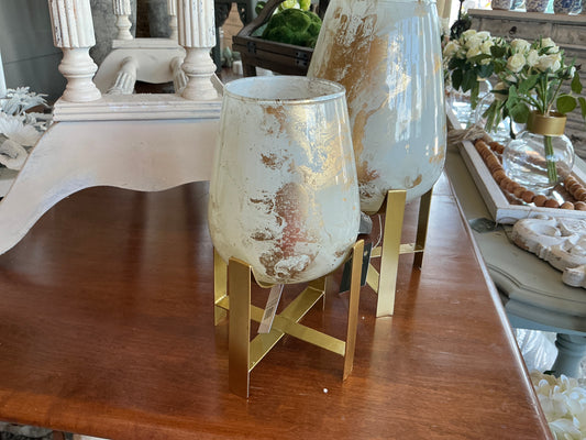 Ivory and Gold Marbled Glass Candle Holder 8"