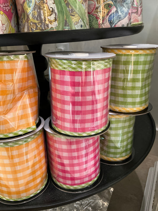 PKGR 4"X5Y SPRING GINGHAM W/BORDER RIBBON