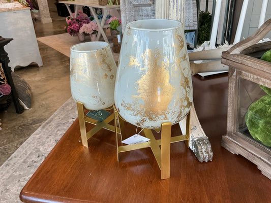Ivory and Gold Marbled Glass Candle Holder 10"