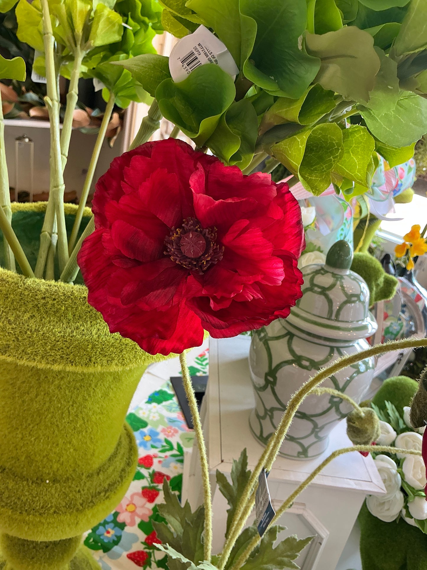 Red Flocked Poppy Spray