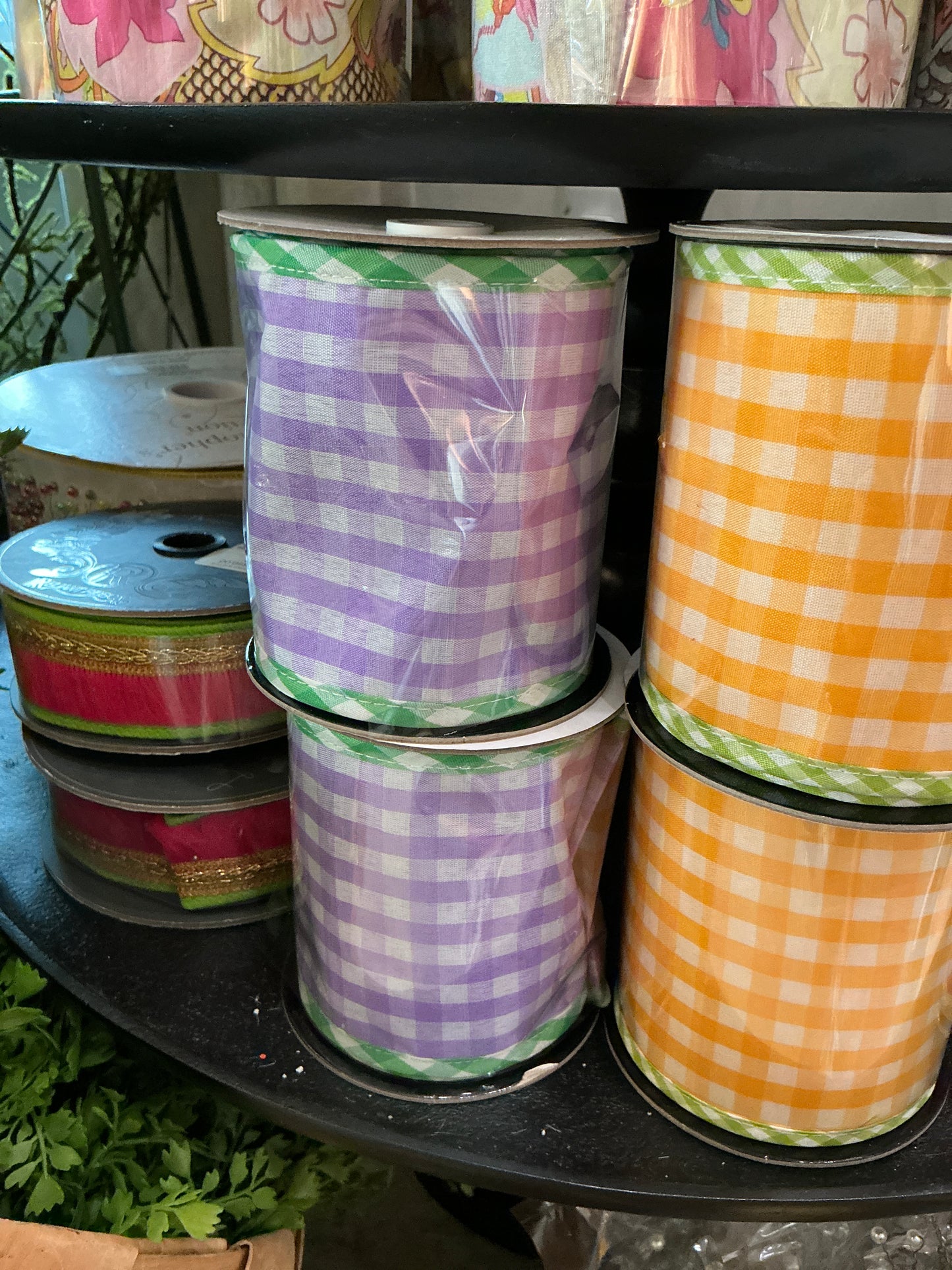 LVGR 4"X5Y SPRING GINGHAM W/BORDER RIBBON