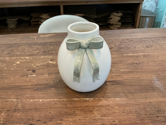 Vase w/Bow 6"H Stoneware