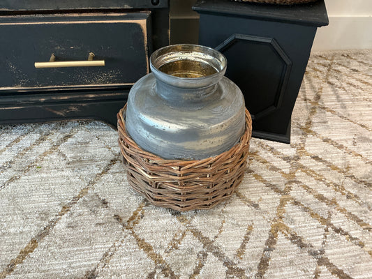 Gray Mercury Glass Vase with Woven Basket 11"