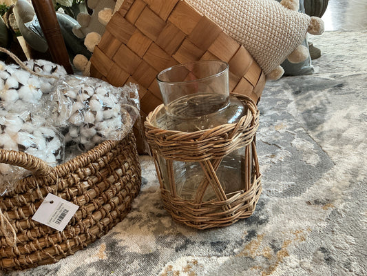 Wicker and Glass Vase 10”