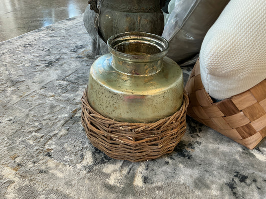 Sage Mercury Glass Vase with Woven Basket 11"