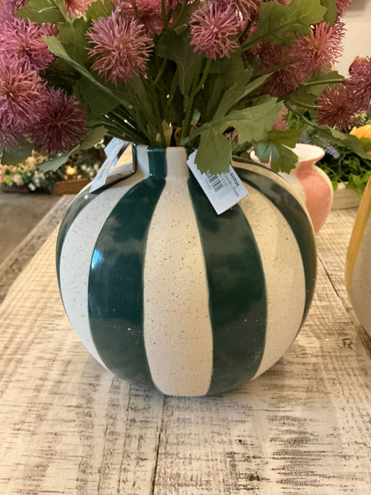 CERAMIC COLORED STRIPED VASES - Round Green