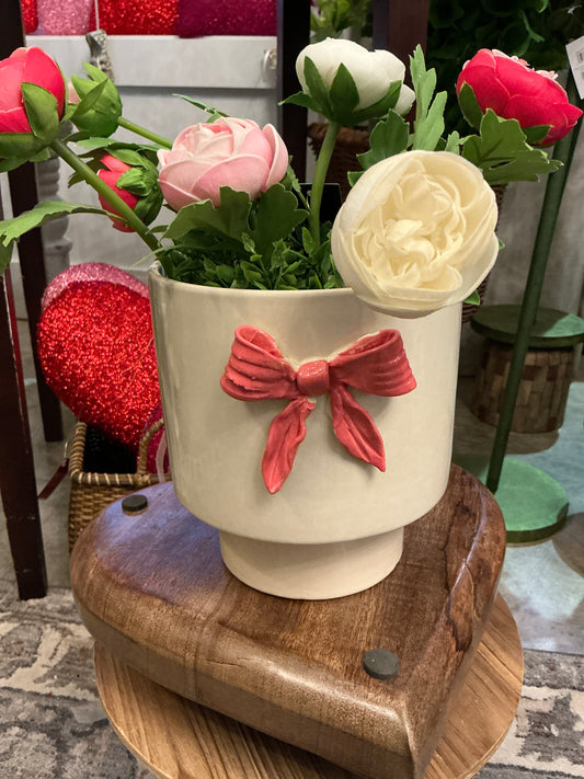 CERAMIC FLOWER POT WITH PINK BOW