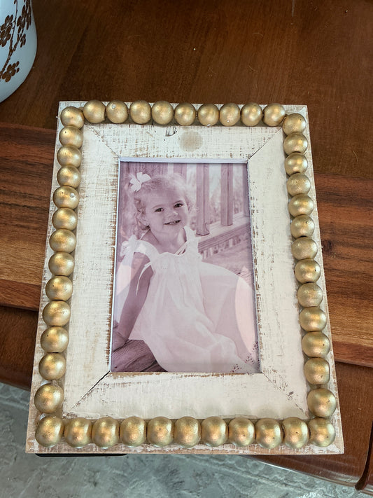 8.5"" Wood Beaded Photo Frame White with Gold 4x6""