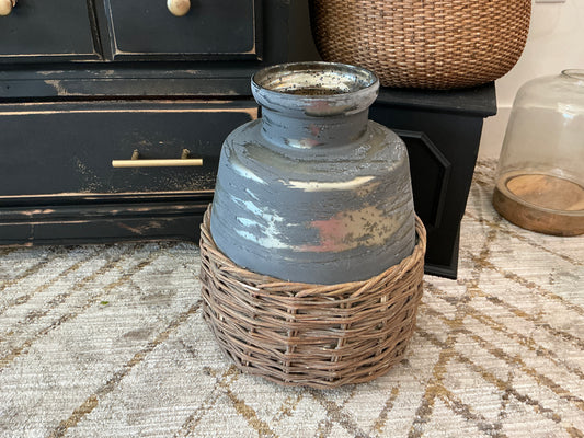 Grey Mercury Glass Vase with Woven Basket 15"