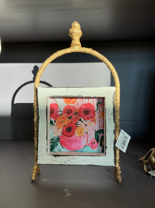 6x10"" Framed Wood Art on Metal Stand with Finial Pink/Red/Yellow Floral