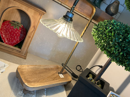 TABLE LAMP WITH WOODEN TRAY BASE AND GLASS SHADE