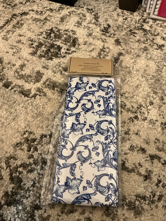 4” x 56“ taffeta acanthus scroll chinoiserie sash, royal blue white