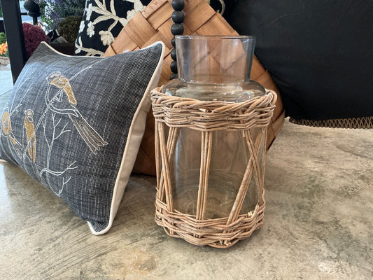 Wicker and Glass Vase 13"