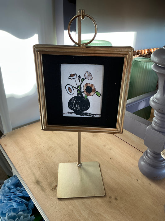 4x6"" Framed Art on 13"" Metal Stand Black/Green/Gold Floral