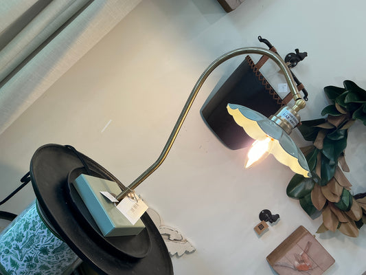 ANTIQUE BRASS GOOSE NECK TABLE LAMP WITH ENAMEL SHADE