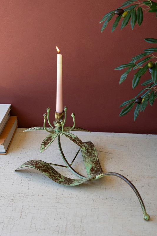 Green Patina Leaf Taper Candle Holder