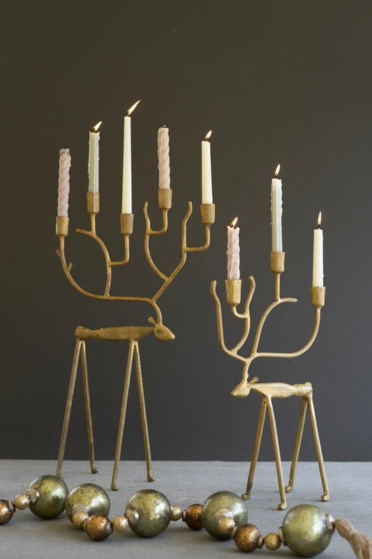 FORGED CHRISTMAS DEER TAPER CANDELABRAS - ANTIQUE GOLD SET OF TWO